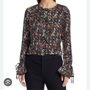 Derek Lam Crosby Floral and Metalic Silk Blouse with Bell Sleeves